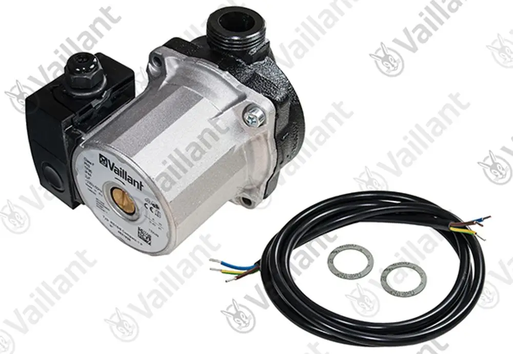 Vaillant-Pumpe mit elektrischer Antriebssteuerung und Anschlusskabel, inklusive zwei Dichtungen. Kompakte Bauform aus Metall und Kunststoff.